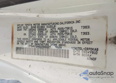 2002 Toyota Tacoma Base V6 z USA, uszkodzony, nr VIN 5TEWN72N62Z896627